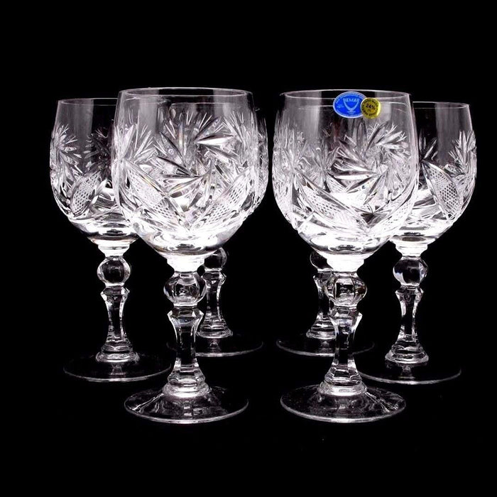 Russian Cut Crystal Red White Wine Glasses Goblets, Stemmed Vintage Design Glassware, 8.5 Oz. Hand Made