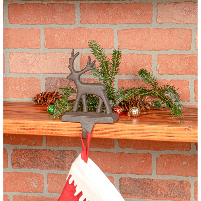 Red Co. Brown Cast Iron Reindeer Stocking Holder with Hook Rustic Home Christmas Décor for Mantel, Fireplace, Dresser