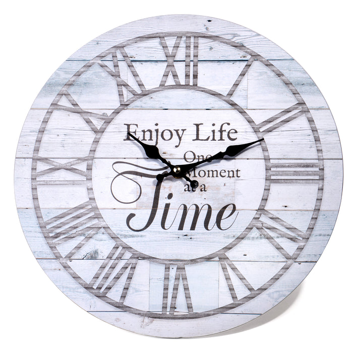 Enjoy Life ONE Moment at A TIME Round Wood Style Wall Clock - Farmhouse Rustic Home Decor - 13 Inches Diameter