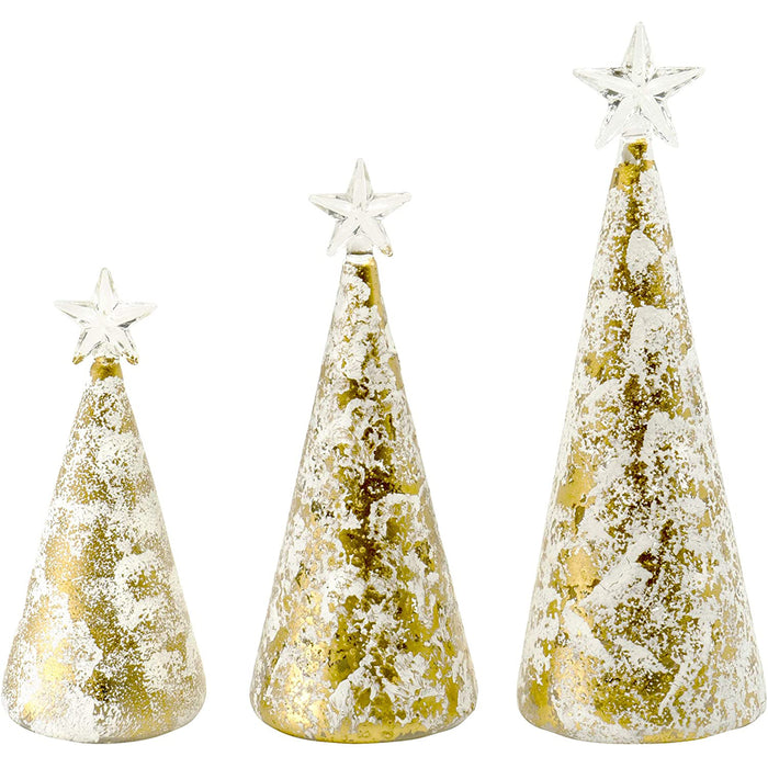 Red Co. Glass Christmas Tree Figurine Ornaments in Gold and Silver Finish, Light-Up Holiday Season Decor, 9.5-inch, 8-inch, 6.5-inch, Set of 3