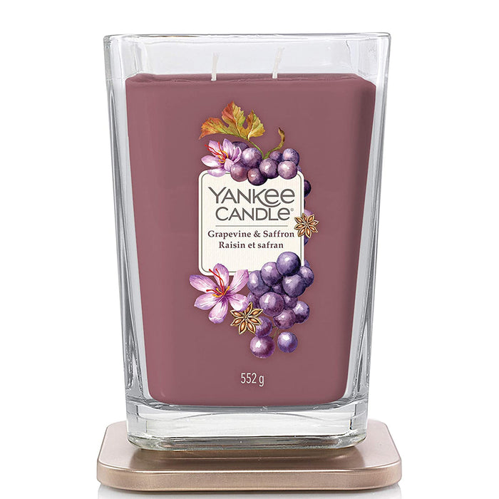 Yankee Candle Grapevine & Saffron — Elevation Collection with Platform Lid — 2-Wick Square Glass Candle — Large - 19.5oz - 65 Hours Burn Time