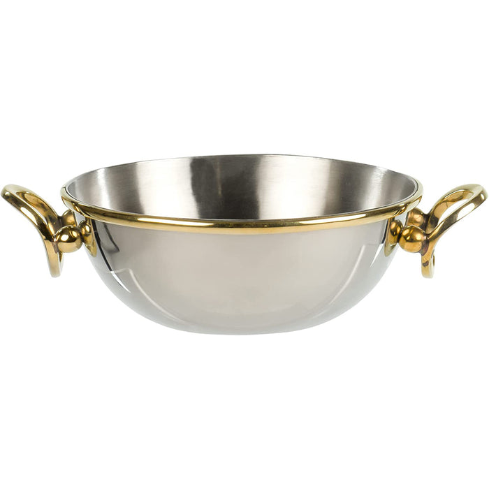 Red Co. Small Round Lazare Stainless Steel Metal Cream Soup All-Purpose Serving and Dipping Bowl in Silver Chrome with Gold Trim and 2 Handles, 4.25 Inch Diameter