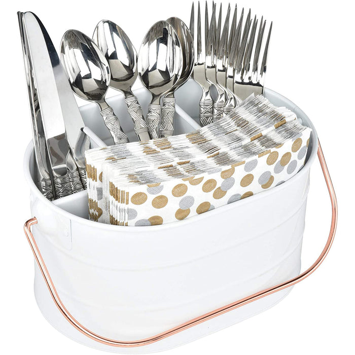 White Enamel Utensil Flatware Caddy - Farmhouse Metal Countertop Organizer with Rose Gold Handle