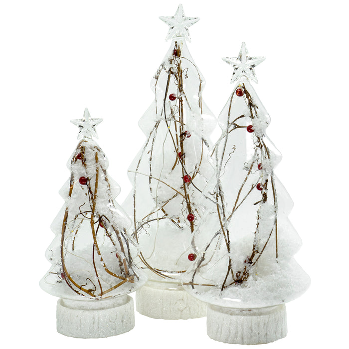 Red Co. Glass Christmas Tree Figurine Ornaments, Light-Up Holiday Season Decor, 13.5-inch, 12-inch, 10-inch, Set of 3