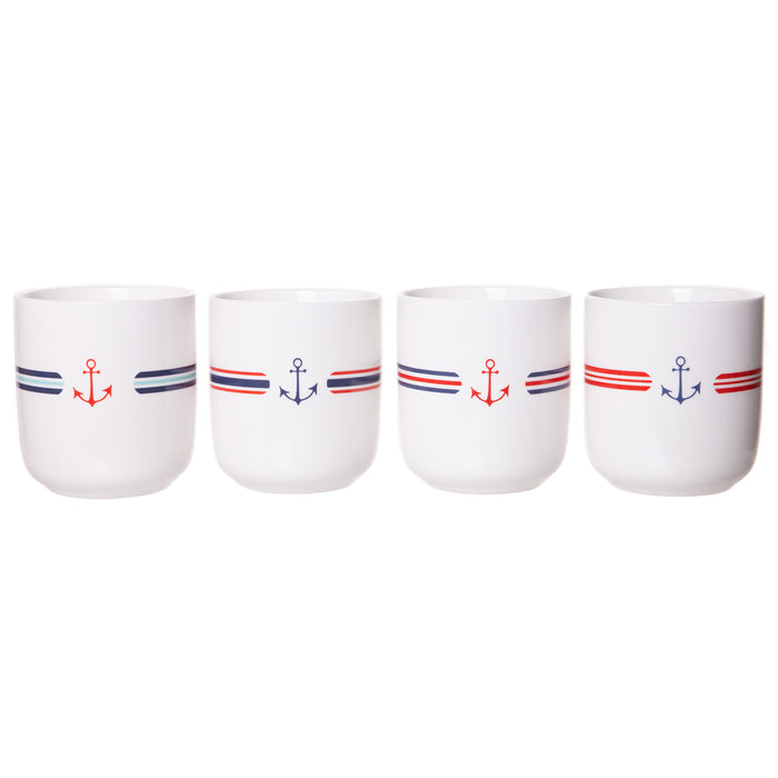 Nautical Stoneware Cup Set with Anchor & Stripes, Iced Tea Cups Water Juice Soda Beverages, Set of 4, 8 fl oz