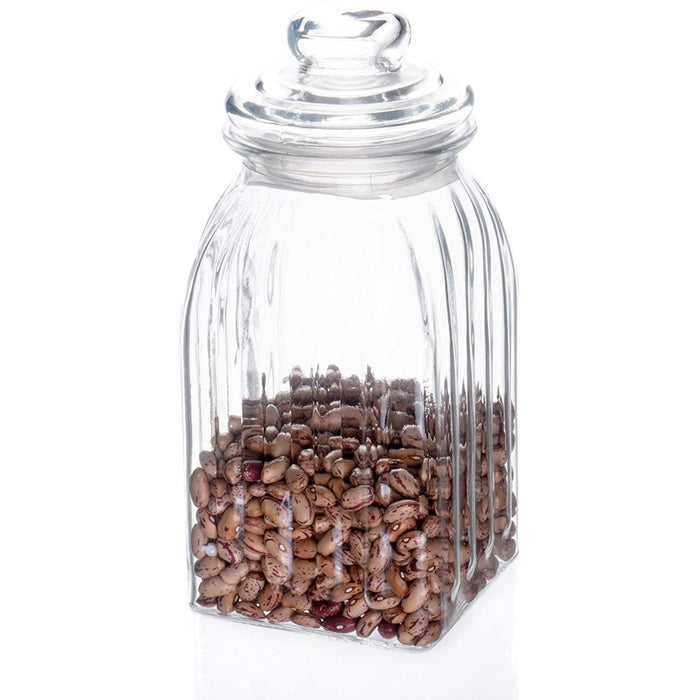 Exclusive Line Ripple Square Glass Food Storage Jar Canister with Airtight Lid, 47.5 Ounces