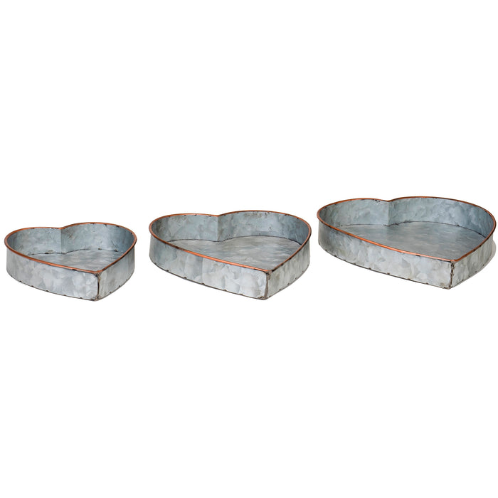 Red Co. Set of Decorative Nesting Galvanized Metal Heart Trays with Copper Rims in 3 Sizes, Distressed Grey/Rose Gold