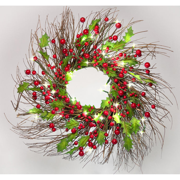 22 Inch Light-Up Christmas Wreath with Red Cranberries, Plug-in Operated LED Lights