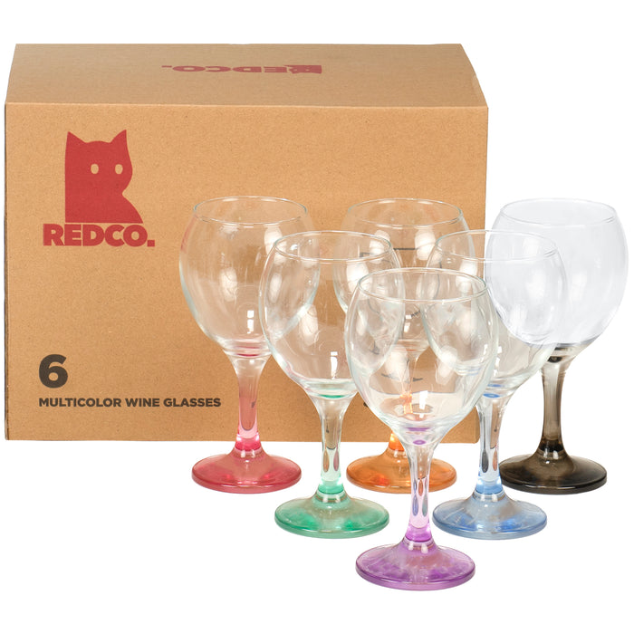 Red Co. Crystal Clear Bowl Wine Drinking Glass with Fading Pastel Multi Colored Base, 8.45 Ounce, Set of 6