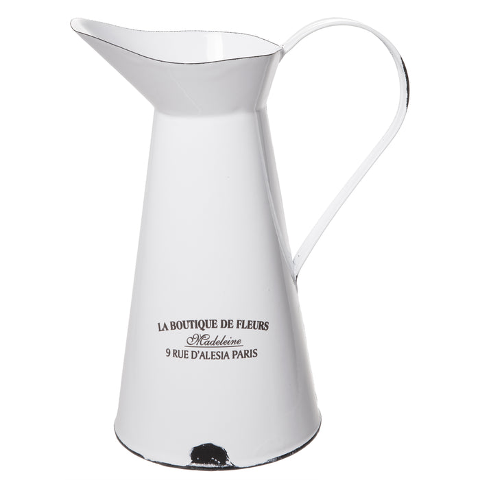 Country Style Enamelware Rusted French Metal Pitcher in White La Boutique De Fleurs- 10 Inches High