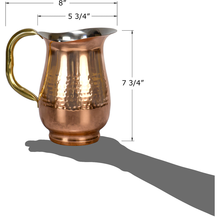 Red Co. Stainless Steel Decorative Water Serving Pitcher with Hammered Texture Copper Finish and Brass Handle, 42 Ounce