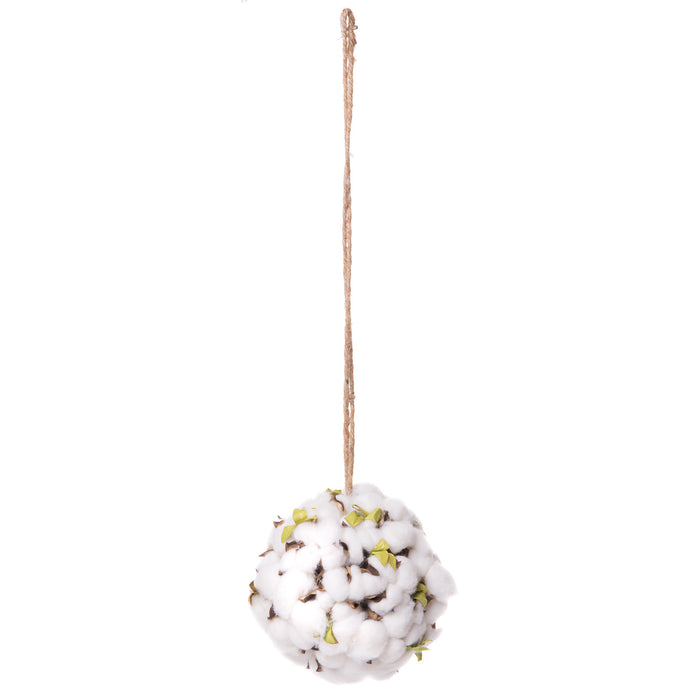 Wild Cotton Ball with Leaves Hanger Farmhouse Home Decor on a 11" Jute Rope - 7 Inches Dia