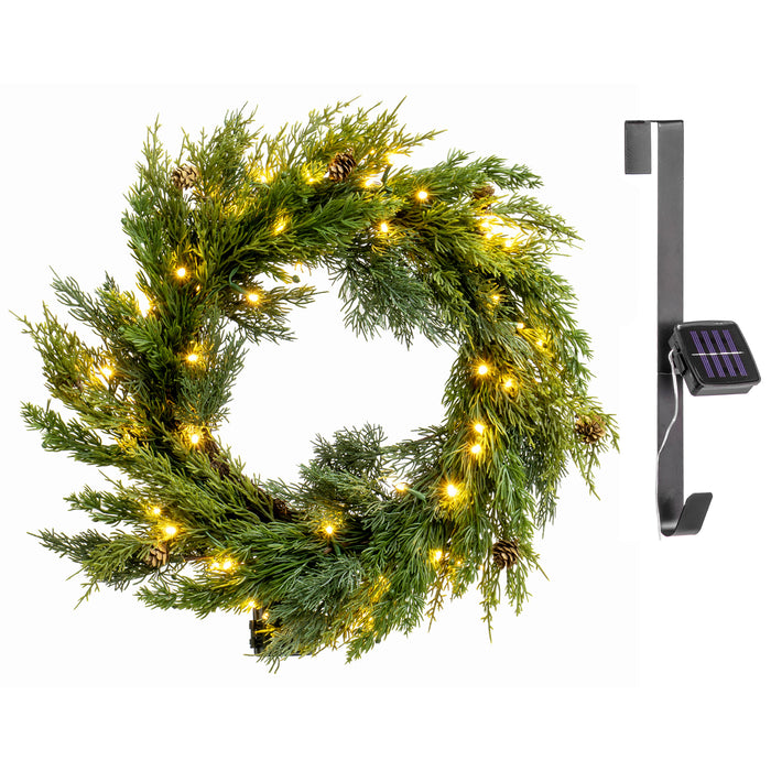 Red Co. 20 Inch Light-Up Christmas Wreath with Fraser Fir Cones & Sprays, Solar Powered LED Lights