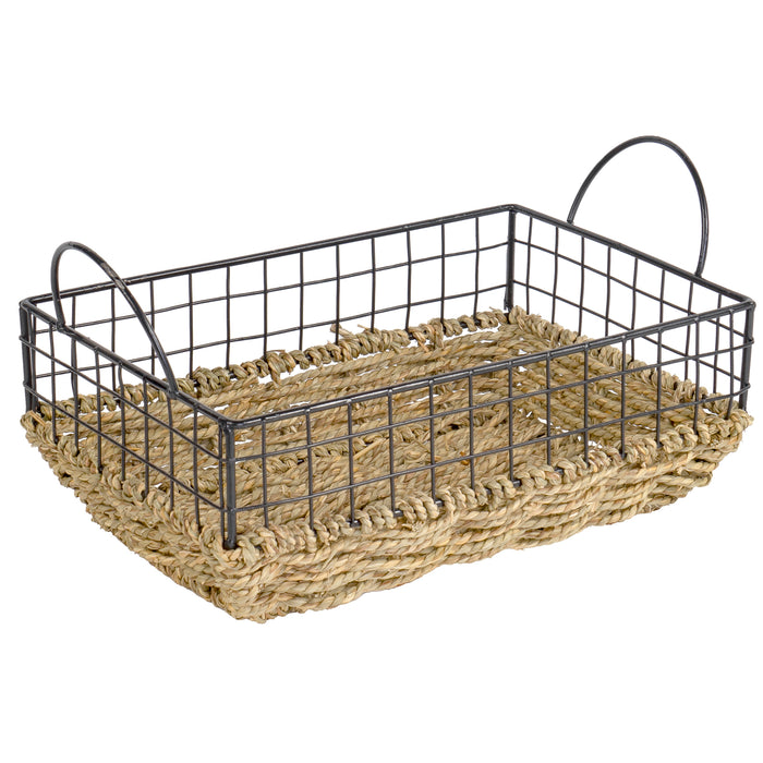 Red Co. Rectangular Multi-Purpose Seagrass Basket with Tall Metal Wire Cage and Handles, Storage Containers, Home Organizers - Set of 2