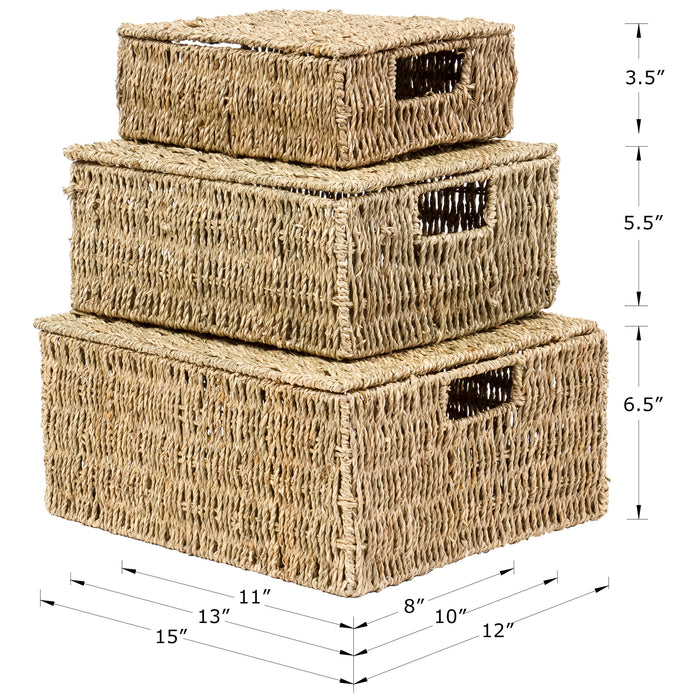 Red Co. Multi-Purpose Square Seagrass Basket Set of 3 with Lids, Storage Containers, Home Organizers