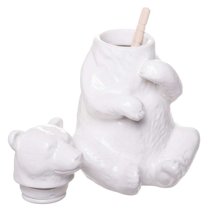 Red Co. Charming Ceramic Bear Honey Pot with Bamboo Honey Dipper, White, 7-inch