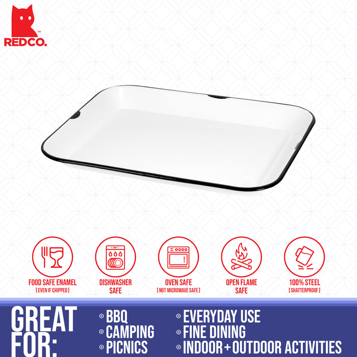 Red Co. 13.5” x 10” Enamelware Metal Classic 1.6-Quart Rectangular Serving Tray, Distressed White/Black Rim