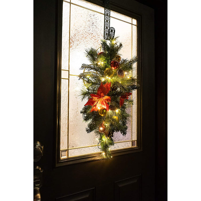 Red Co. 30" x 14" Light-Up Christmas Centerpiece with Ornaments and Bows, Battery Operated LED Lights with Timer