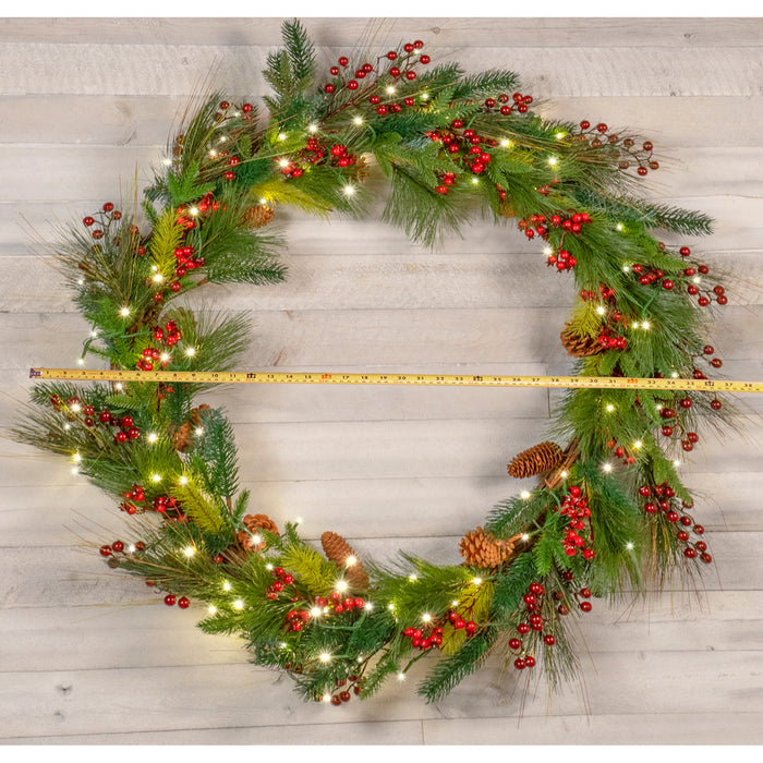 Red Co. Light-Up Christmas Wreath with Pinecones & Pine, Battery Operated LED Lights with Timer (36 inches - Diameter)