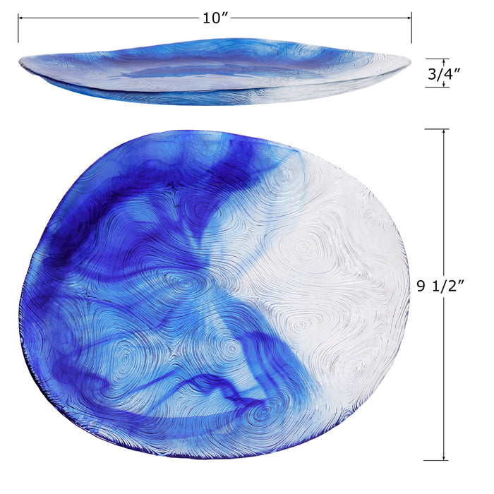 Red Co. White and Blue Etched Wavy Glass Irregular Shaped Dinner Plates, 10" Diameter - Set of 6