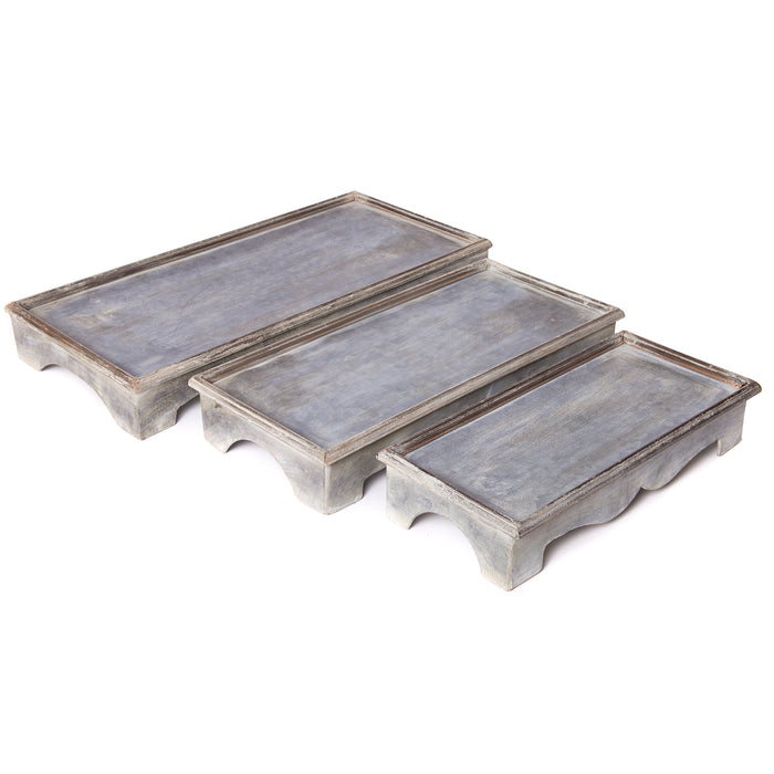 Red Co. Set of 3 Decorative 19.5” to 13” Rustic Metal Stackable Pedestal Trays, Distressed Gray