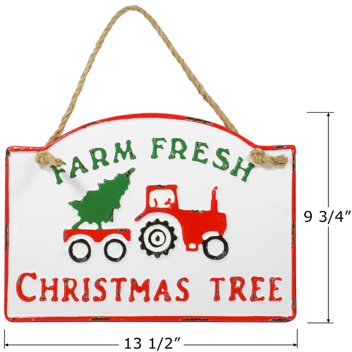 Red Co. Hanging White Enameled Metal Wall Sign Plaque with Jute Rope - Farm Fresh Christmas Tree