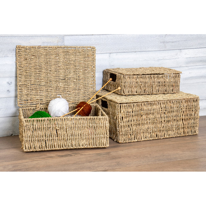 Red Co. Multi-Purpose Square Seagrass Basket Set of 3 with Lids, Storage Containers, Home Organizers