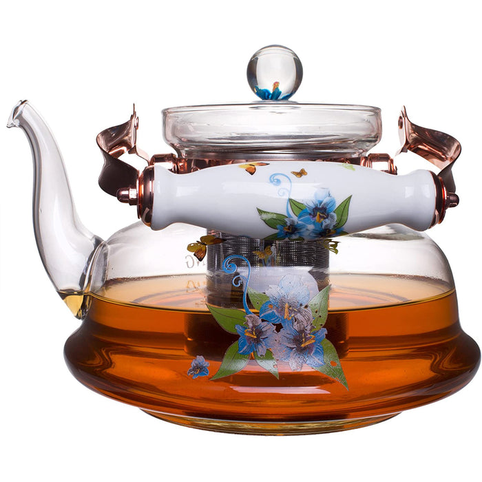 Pastel Flowers European Style Glass Stovetop Teapot with Stainless Steel Infuser