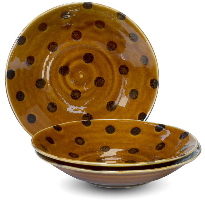 Red Co. Set of 3 Round 9” Porcelain Serving Bowls, Brown / Dark Brown Polka Dots