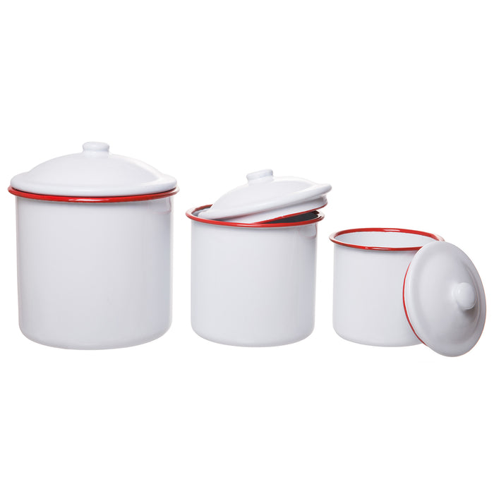 White Enamelware Mug Pots with Lid - Set of 3 Nesting Cups, Perfect for Picnic, Camping, Outdoor Activity