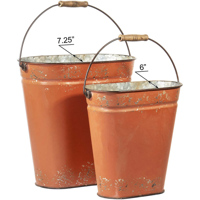 Red Co. Planter Pot, Distressed Metal with Single Handle, Tractor Orange (Set of 2)