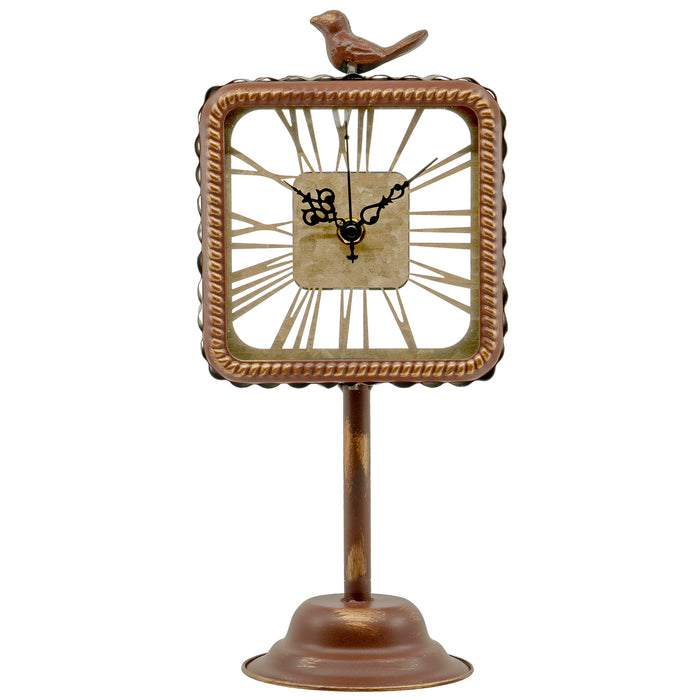 Red Co. Rustic Home Décor Galvanized Metal Battery Operated Table Pedestal Clock with Bird