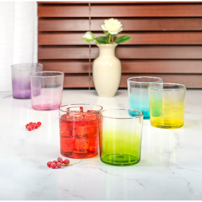 Red Co. Set of 6 Clear 11.75 Oz Rocks Lowball Glasses with Fading Multicolor Bases