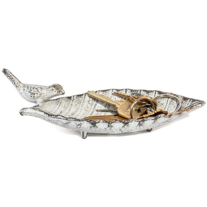 Rustic Cast Iron Long Leaf Jewelry Dish Organizer - Key Holder Tray, Length - 7.2"