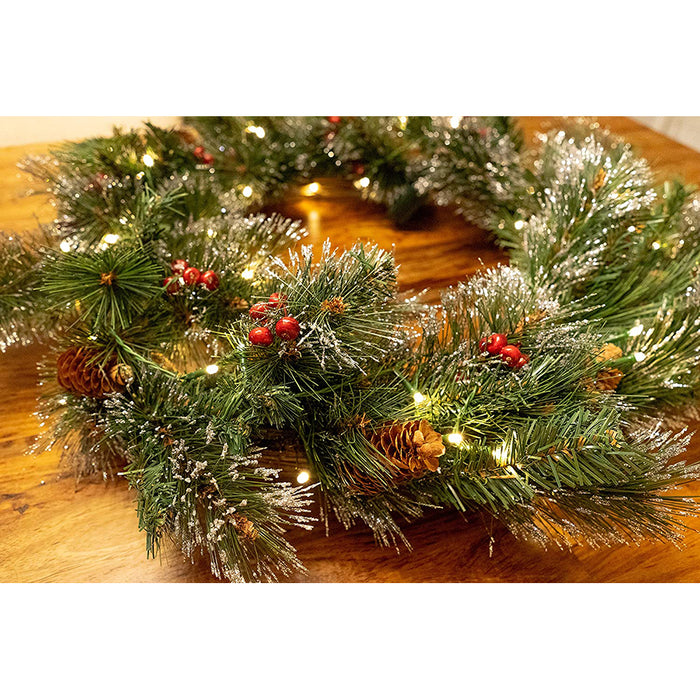 Red Co. 26 Inch Light-Up Christmas Wreath with Pinecones & Pine, Solar Powered LED Lights