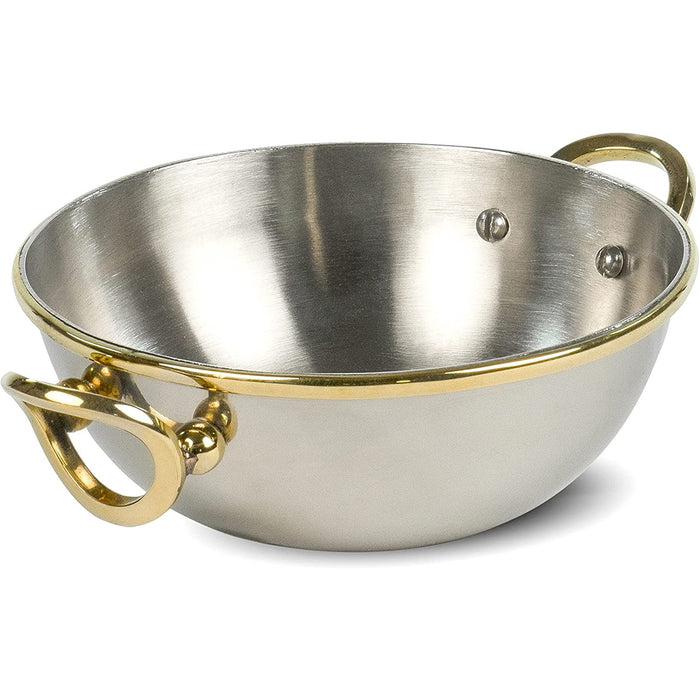 Red Co. Small Round Lazare Stainless Steel Metal Cream Soup All-Purpose Serving and Dipping Bowl in Silver Chrome with Gold Trim and 2 Handles, 4.25 Inch Diameter