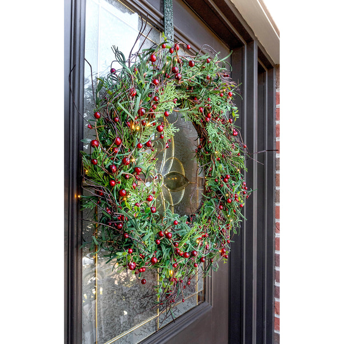 Red Co. All Seasons Holiday Greetings Wreath for Home Decor, 22 Inch, Artificial Green with Red Berries, Battery Operated LED Lights