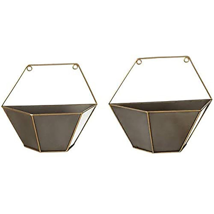 Hexagon Hanging Wall Planter Flower Pot Shelf, Gunmetal with Gold Trim - Set of 2