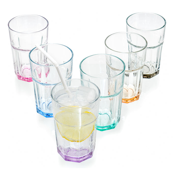 Red Co. Set of 6 Tall Clear Glass 12 Oz Drinking Tumblers with Multicolored Base