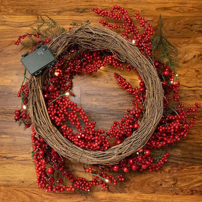 22 Inch Light-Up Christmas Wreath with Red Cranberries, Battery Operated LED Lights with Timer