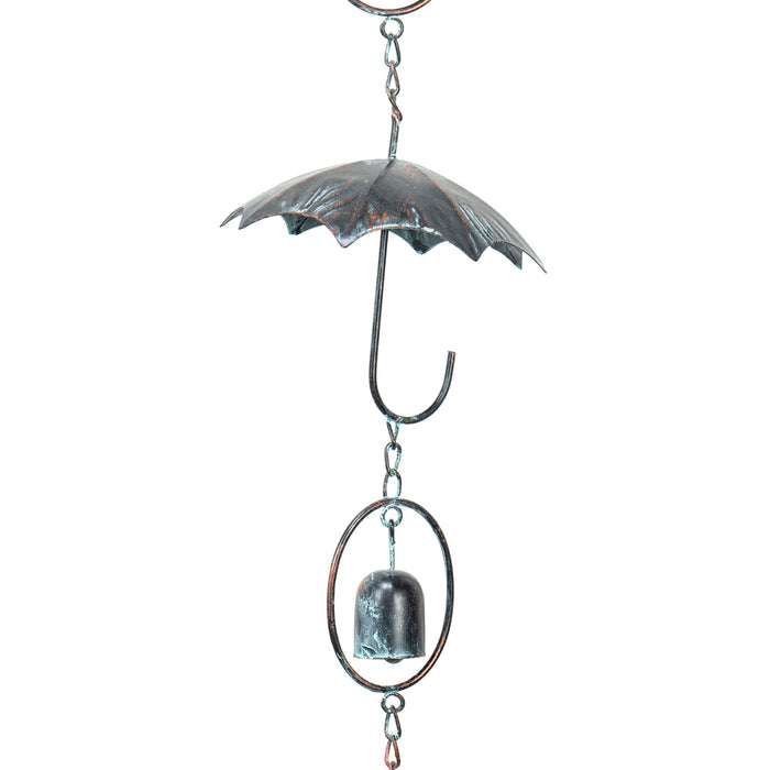 Red Co. 4-Foot Decorative Hanging Metal Rain Chain & Garden Rainwater Catcher – Patina Umbrella with Bells