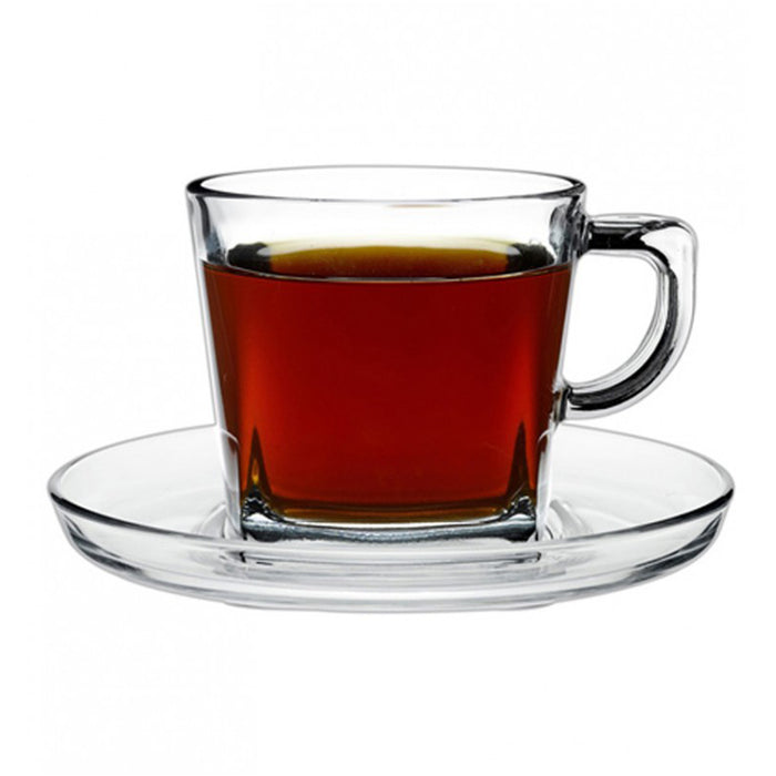 Lecce Squared Clear Glass Tea & Coffee Cups with Saucers, Set of 6-7 oz