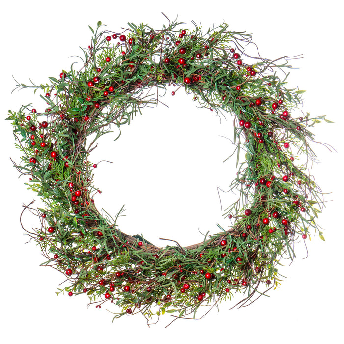 Red Co. All Seasons Holiday Greetings Wreath for Home Decor, 22 Inch, Artificial Green with Red Berries, Battery Operated LED Lights