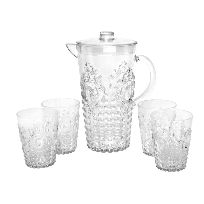 Break Resistant "Dew Drop" Clear Plastic Pitcher with Lid and 4 Tumbler Glasses Drinkware Set - Perfect for Iced Tea, Sangria, Lemonade (82 fl oz. pitcher - 14.5 fl oz. glasses)