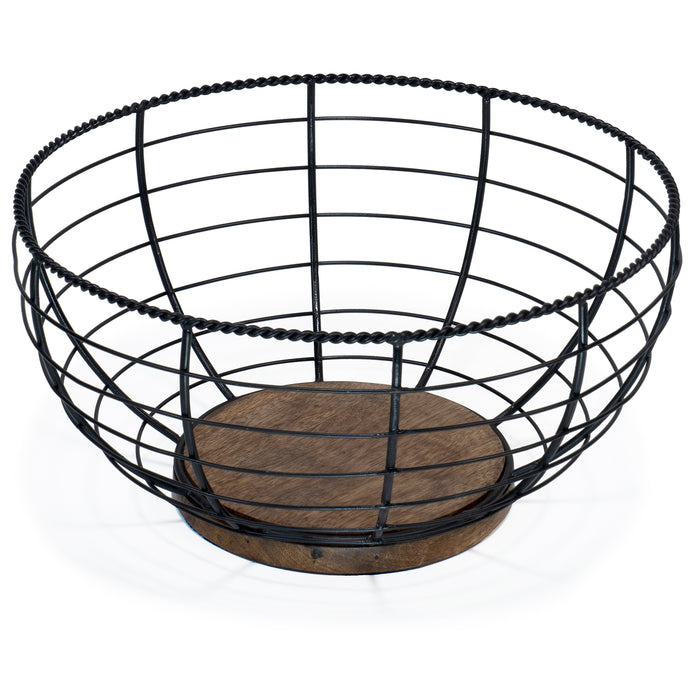 Red Co. 12” Decorative Black Aluminum Wire Centerpiece Basket Bowl with Wooden Bottom