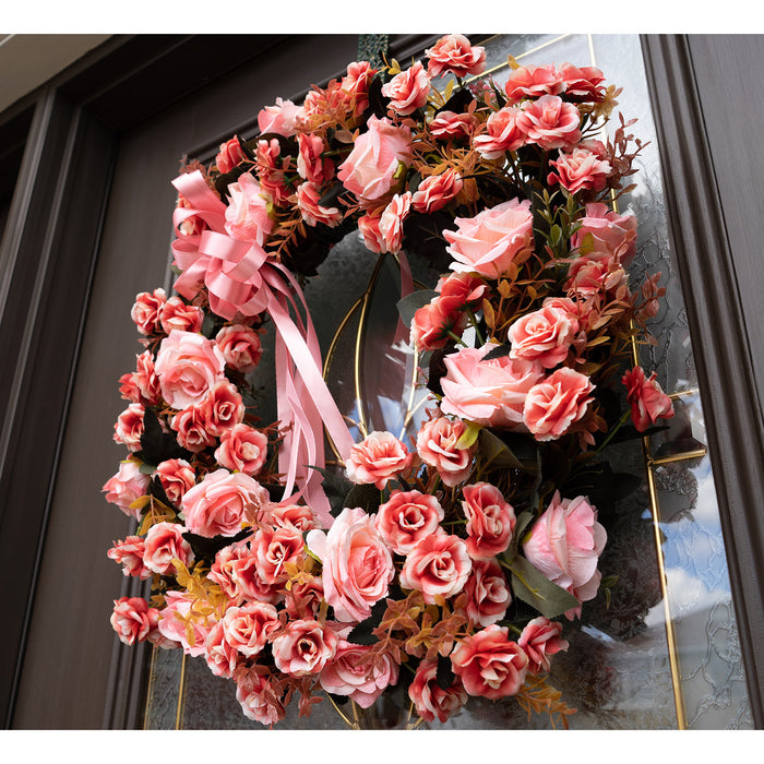 Red Co. 18" Lavishly Pink Roses with Ribbon, Artificial Spring & Summer Wreath, Door Backdrop Ornaments, Home Décor Collection