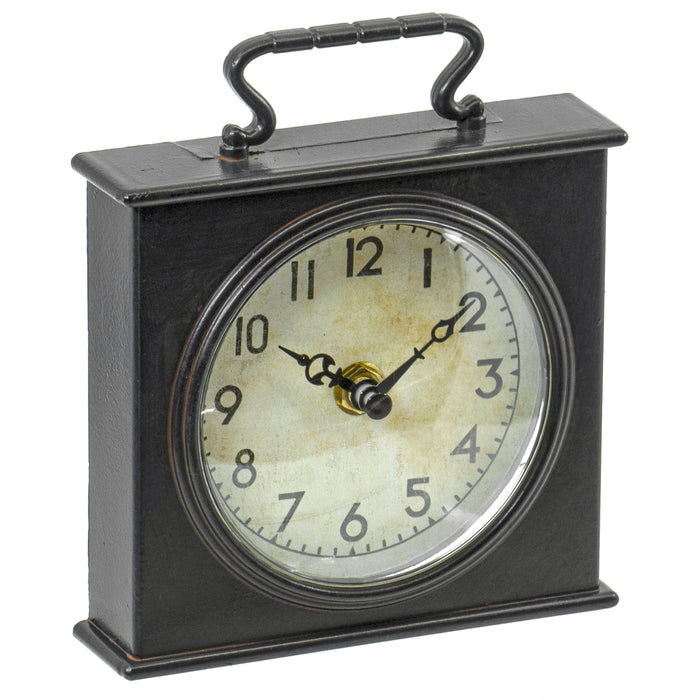 Red Co. Square Black Tabletop Clock with Handle, Rustic Décor for Kitchen, Living Room, Bathroom, 5.25 x 6 Inches