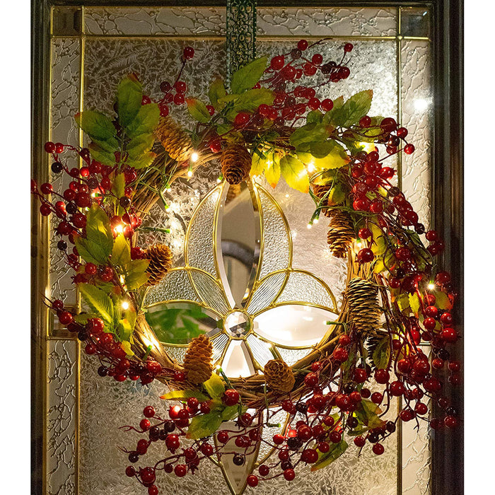 22 Inch Light-Up Christmas Wreath with Pinecones, Leaves & Red Cranberries, Plug-in Operated LED Lights