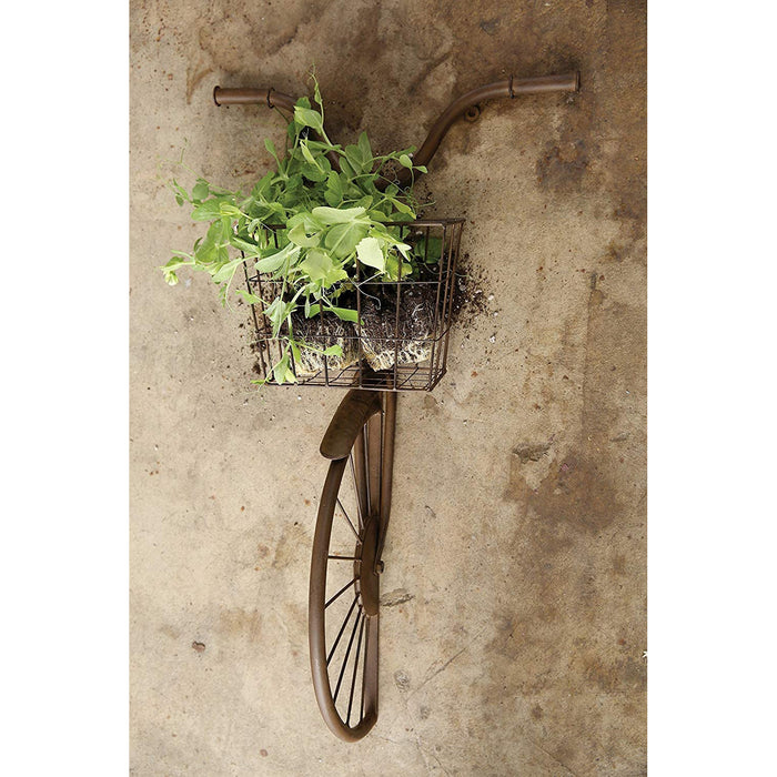 Metal Bicycle Sculpture with Basket, Country Rustic Decorative Wall Planter, Storage & Art Décor Centerpiece, 17" x 30"