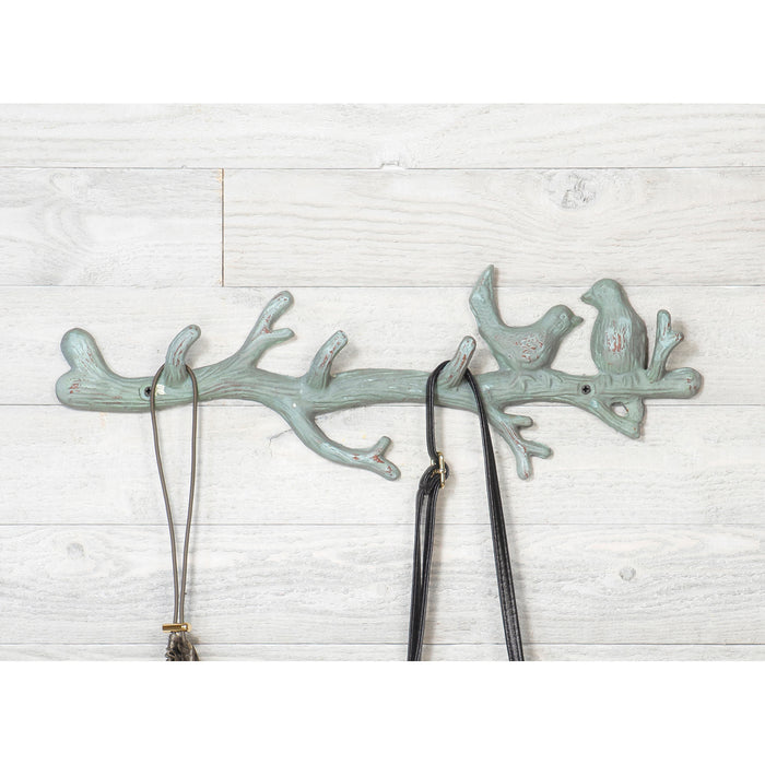 Red Co. Large Decorative Boho Style Verdigris Metal Wall Hanging Hook Rack for Coats, Hats, Keys, Towels, Clothes – Birds on Branch – 16.75 Inches